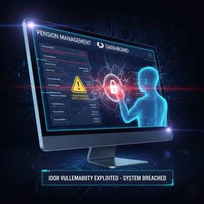 Conceptual image showing a user gaining unauthorized access to a restricted pension management dashboard, bypassing intended security controls.