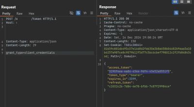 Burp Suite screenshot showing the HTTP response containing an access_token and refresh_token after successfully mutating the grant type.
